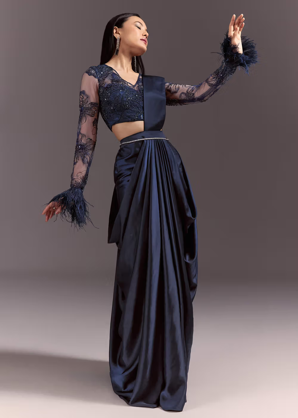 Midnight Navy Feather Saree πβ¨π